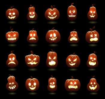 Halloween pumpkins. Cartoon scary carving pumpkin characters, angry glowing pumpkins faces, holiday spooky decoration vector illustration set. Halloween holiday character, orange smile horror,. Halloween pumpkins. Cartoon scary carving pumpkin characters, angry glowing pumpkins faces, holiday spooky decoration vector illustration set