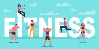 Fitness characters. Young people exercising near big fitness letters, training man and woman, sport workout concept vector illustration. Fitness workout active, healthy sport gym, body exercise. Fitness characters. Young people exercising near big fitness letters, training man and woman, sport workout concept vector illustration