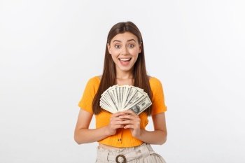 young business woman holding money isolated on white background. young business woman holding money isolated on white background.