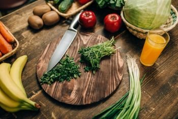 Fresh fruits and vegetables on wooden table closeup, nobody. Healthy food concept. Organic nutrition, eco products. Fruits and vegetables on wooden table, eco product