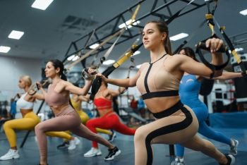 Group of attractive women doing exercise in gym. People on fitness workout in sport club, athletic girls in sportswear on training indoors. Group of attractive women doing exercise in gym