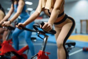 Group of sportive women doing exercise on stationary bikes in gym. People on fitness workout in sport club, athletic girls in sportswear on training indoors. Sportive women on stationary bikes in gym