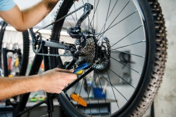 Bicycle repair in workshop, man setting up cassette closeup. Mechanic in uniform fix problems with cycle, professional bike repairing service. Bicycle repair, man setting up star cassette