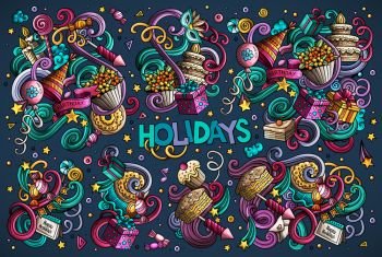 Colorful vector hand drawn Doodle cartoon set of holidays objects and symbols. All objects separate.. Colorful set of holidays object