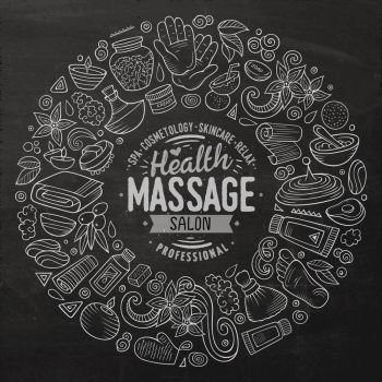 Chalkboard vector hand drawn set of Massage cartoon doodle objects, symbols and items. Round frame composition. Vector set of Massage cartoon doodle objects