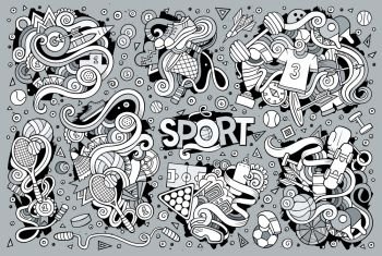 Line art vector hand drawn doodle cartoon set of Sport designs. Doodle cartoon set of Sport designs