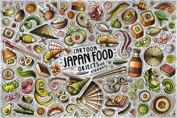 Colorful vector hand drawn doodle cartoon set of Japan food theme items, objects and symbols. Vector set of Japan food theme items, objects and symbols