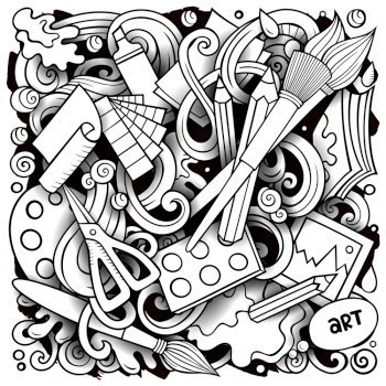Cartoon vector doodles Art and Design illustration. Outline, detailed, with lots of objects background. All objects separate. Artistick funny picture. Cartoon vector doodles Art and Design illustration