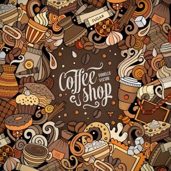 Cartoon vector doodles Coffee frame. Colorful, detailed, with lots of objects background. All objects separate. Bright colors Cafe funny border. Cartoon vector doodles Coffee frame. Bright colors Cafe funny border