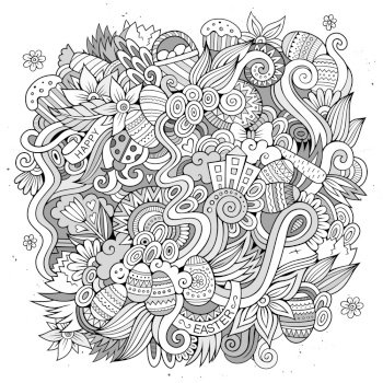 Cartoon hand-drawn doodles on the subject of Easter theme pattern. Line art  detailed, with lots of objects vector background. Easter vector sketch background