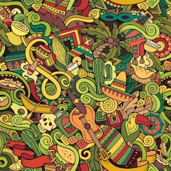 Cartoon hand-drawn doodles on the subject of Latin American style theme seamless pattern. Colorful vector background. Cartoon hand-drawn Doodles on the subject of Latin America