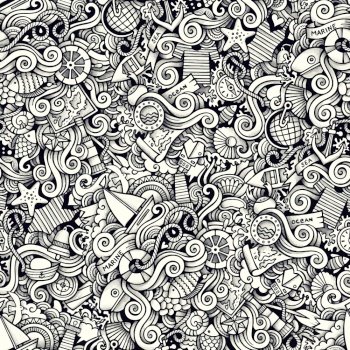 Cartoon hand drawn nautical marine doodles seamless pattern. Trace line art detailed, with lots of objects vector background. Cartoon hand drawn nautical marine doodles seamless pattern