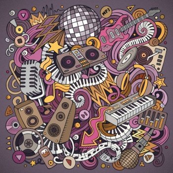 Cartoon vector doodles Disco music illustration. Colorful, detailed, with lots of objects background. All objects separate. Bright colors musical funny picture. Cartoon vector doodles Disco music illustration. Colorful, detailed, with lots of objects background.