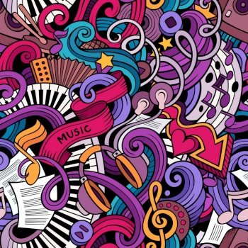 Cartoon hand-drawn doodles on the subject of music style theme seamless pattern. Vector color background. Cartoon hand-drawn doodles music seamless pattern