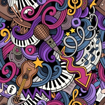 Cartoon hand-drawn doodles on the subject of music style theme seamless pattern. Vector color background. Cartoon hand-drawn doodles music seamless pattern