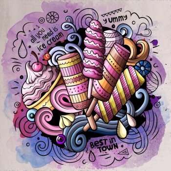 Ice Cream art cartoon vector doodle illustration. Watercolor detailed design with lot of objects and symbols. All elements separate. Ice Cream cartoon vector doodle watercolor illustration