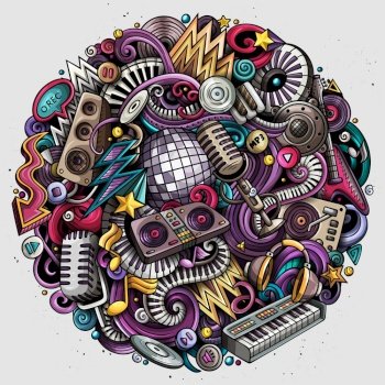 Cartoon vector doodles Disco music round illustration. Colorful, detailed, with lots of objects background. All objects separate. Bright colors musical funny picture. Cartoon vector doodles Disco music illustration