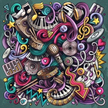 Music hand drawn vector doodles illustration. Musical poster design. Sound elements and objects cartoon background. Bright colors funny picture. All items are separated. Music hand drawn vector doodles illustration. Musical poster design.