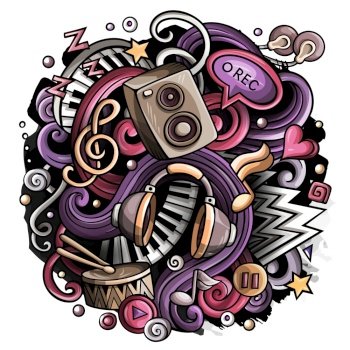 Cartoon cute doodles hand drawn Music illustration. Colorful detailed, with lots of objects background. All items are separate. Funny vector artwork. Cartoon cute doodles Music illustration