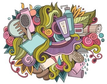 Spa hand drawn cartoon doodles illustration. Funny beauty design. Creative art vector background. Salon symbols, elements and objects. Colorful composition. Spa hand drawn cartoon doodles illustration.
