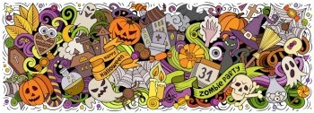 Happy Halloween hand drawn cartoon doodles illustration. Holiday funny objects and elements design. Creative art background. Colorful vector banner. Happy Halloween hand drawn cartoon doodles illustration.