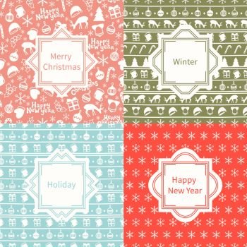 Merry Christmas and Happy New Year 2017 set. Christmas season hand drawn seamless pattern. Vector illustration. Doodle style. Decorations. Winter holiday backgrounds for design. Deer, snowflakes. Merry Christmas and Happy New Year 2017 set. Christmas season hand drawn seamless pattern. Vector illustration. Doodle style. Decorations. Winter holiday backgrounds for design. Deer, Santa