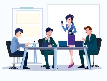 Business people. Office team cartoon characters. Group of business men women, standing persons. Teamwork colleagues vector concept. Illustration vector of discussion and talk, Board background.
