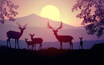 Herd of deer in the natural forest. Wild animals. Mountains horizon hills silhouettes of trees. Evening Sunrise and sunset. Landscape wallpaper. Illustration vector style. Colorful view background.  