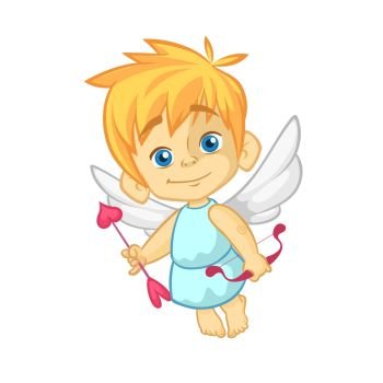 Funny cupid cartoon character with bow and arrow. Vector illustration for Valentine’s Day isolated on white. Great for cards and decoration