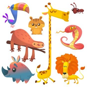 Cartoon african jungle animals. Vector illustrations of toucan, sloth, giraffe, chipmunk, ant, rhino and lion