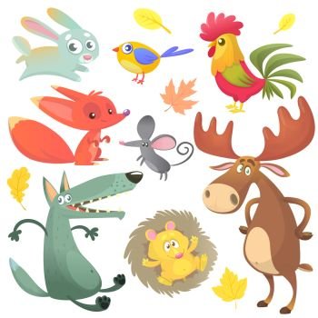 Cartoon forest animal characters. Wild cartoon cute animals collections vector. Big set of cartoon forest animals flat vector illustration. Bunny rabbit, rooster, fox, mouse, wolf, hedgehog, moose elk and blue yellow bird