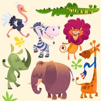 Cartoon African savanna animal set. Wild animals icon collections. Set of cartoon jungle animals flat vector illustration. Crocodile alligator, giraffe, rhino, zebra, ostrich, lion and elephant