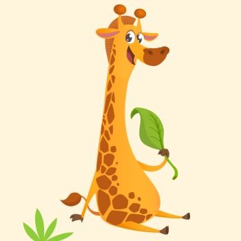 Cartoon giraffe mascot. Vector illustration of african savanna giraffe eating a leaf and smiling. Great for sticker print or design