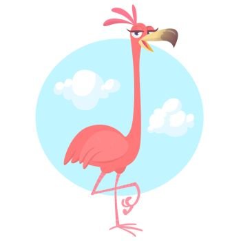 Cool pretty cartoon pink flamingo. Vector illustration isolated. Poster design of sticker