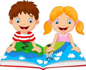 Cartoon boy and girl were readings the story