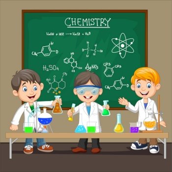 Group of scientist boy doing chemical experiment
