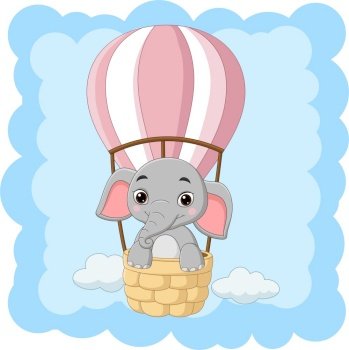 Cartoon baby elephant riding a hot air balloon