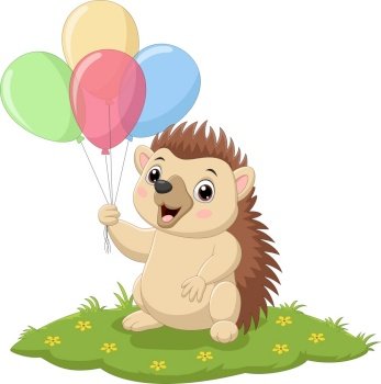 Cartoon hedgehog holding colorful balloons in the grass