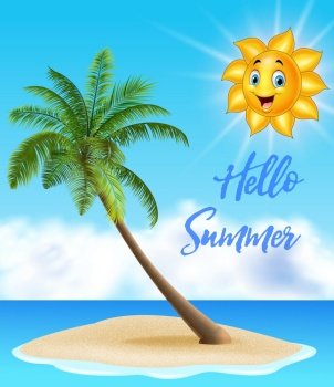 Summer background with tropical island and cartoon sun 