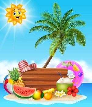 Summer beach background with tropical fruits