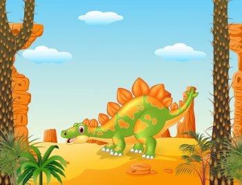 Adorable cute dinosaur with prehistoric background