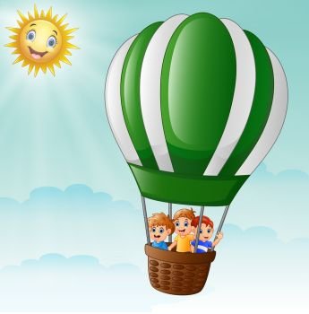 Happy kids flying in a hot air balloon 