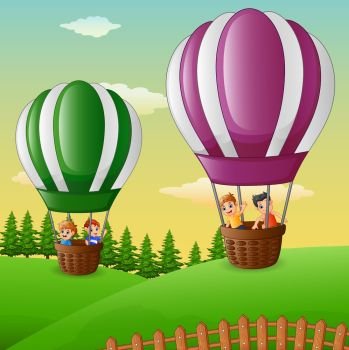 Happy cartoon kids flying in a hot air balloon 