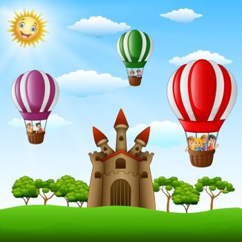 Vector illustration of  Cartoon kids riding in a hot air balloon near the castle 