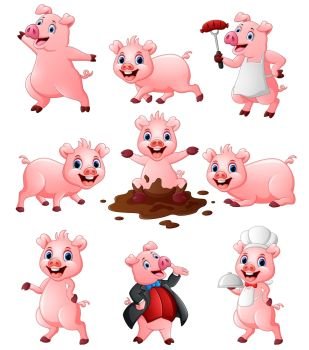 Vector illustration of  Happy pig cartoon collection set 