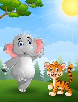 vector illustration of Elephant and tiger cartoon in the jungle