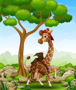 Vector illustration of Cartoon giraffe in a bag and cap in the jungle