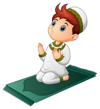 Vector illustration of Muslim kid sitting on the prayer rug while praying
