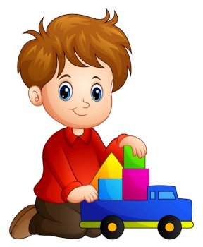 Little boy build a house out of blocks with toy truck