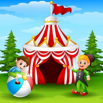 Cute boy on colorful ball and elf waving hand on the circus tent background